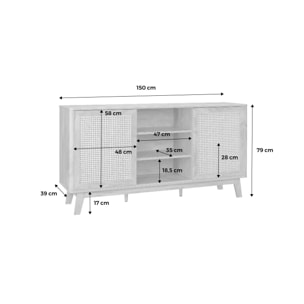 Buffet avec 2 portes coulissantes et étagères. effet bois et détails cannage. buffet bas. 150cm