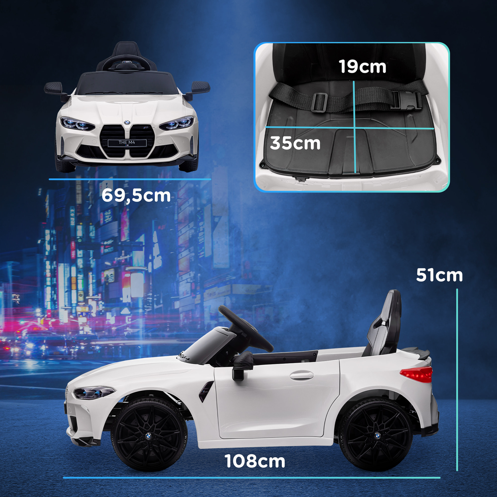 Coche Eléctrico para Niños, BMW M4, Coche de Batería 12V, con Mando a Distancia 2,4 G, Ruedas Traseras con Suspensión, Faros LED, Música, USB, Motor Doble, Blanco