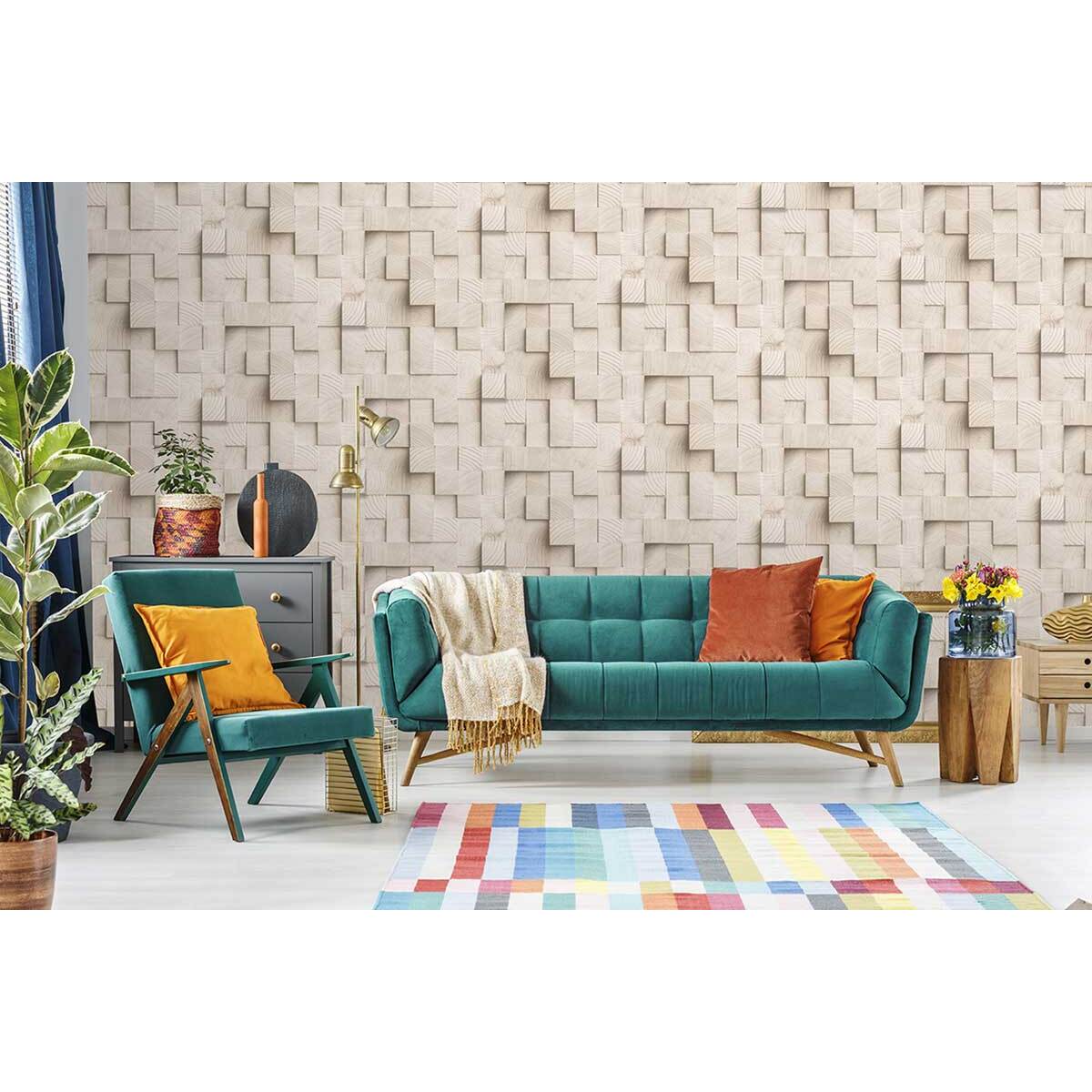 Papier peint cubes bois clair relief moderne