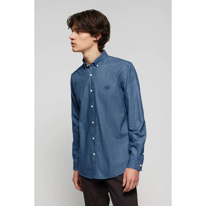 Camicia denim regular fit con logo ricamato