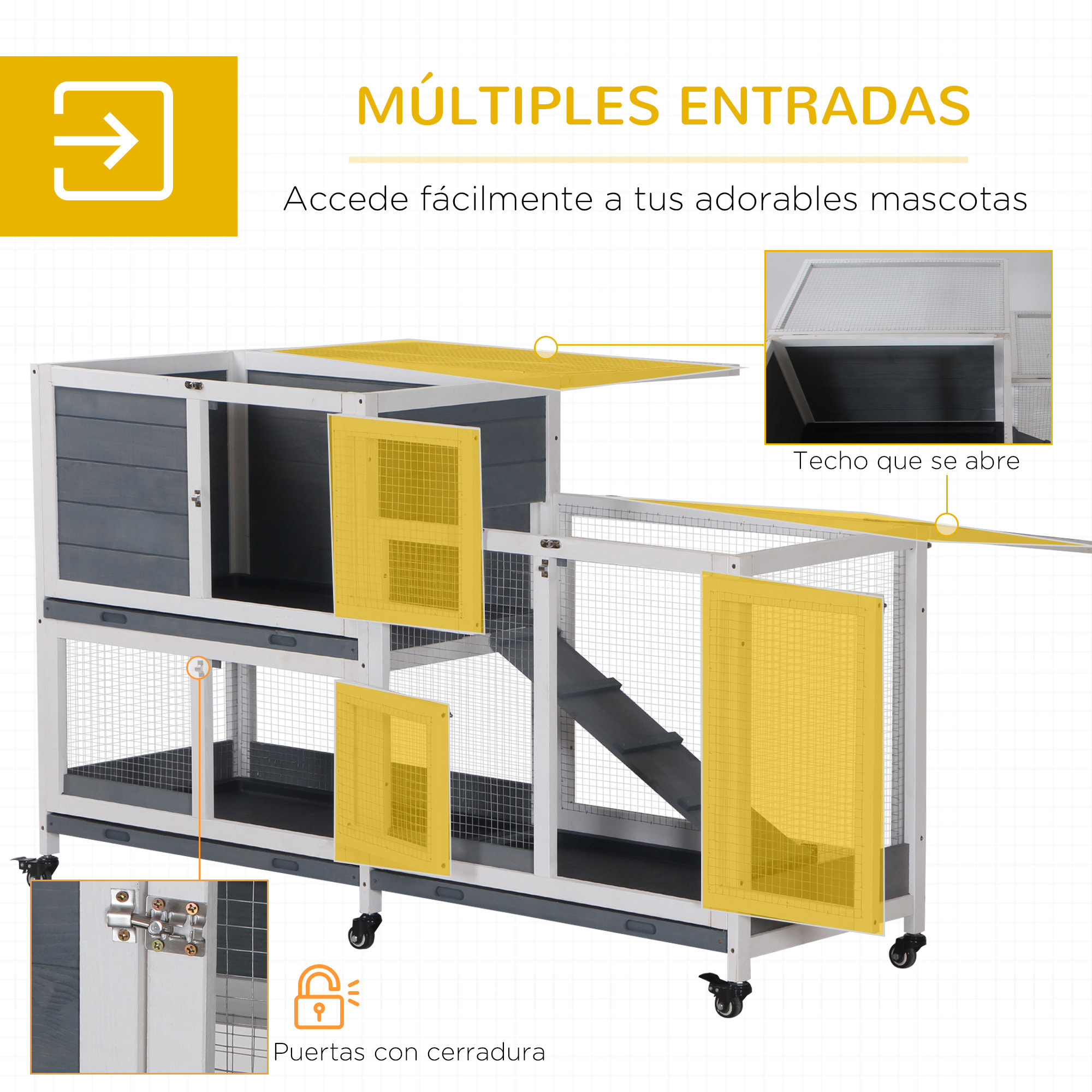 Conejera de Madera con Ruedas 147x45,5x88,5 cm Jaula para Conejos de 2 Niveles con Techo Abrible 2 Corrales de Metal 3 Bandejas Extraíbles 3 Puertas con Pestillo y Rampa Gris