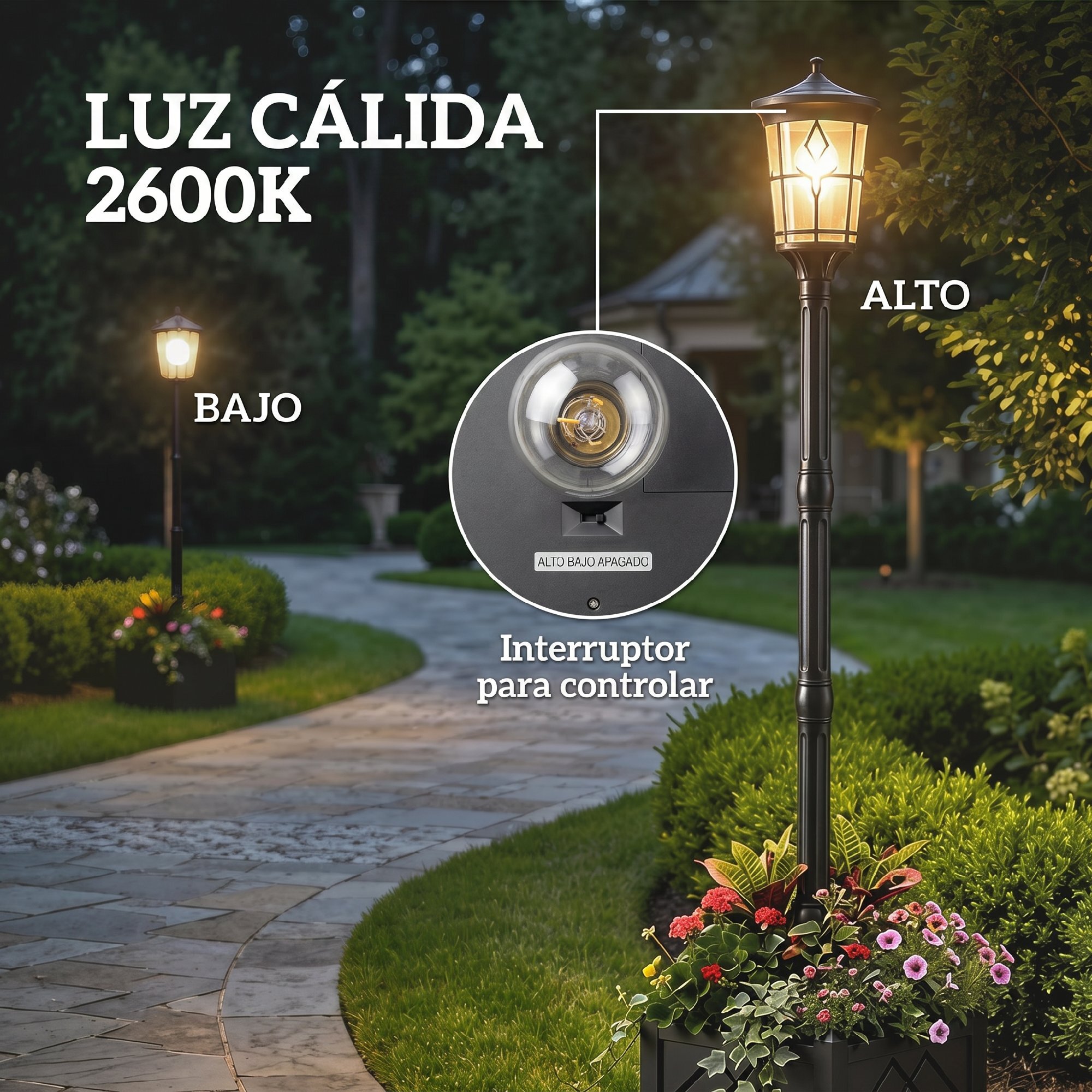 Farola Solar Exterior de Jardín con Macetero, Luz Solar de Exterior LED, 2 Modos de Brillo 100/50 lm, Impermeable IP44, Encendido/Apagado Automático, para Terraza, Patio, 41,5x41,5x202,5 cm