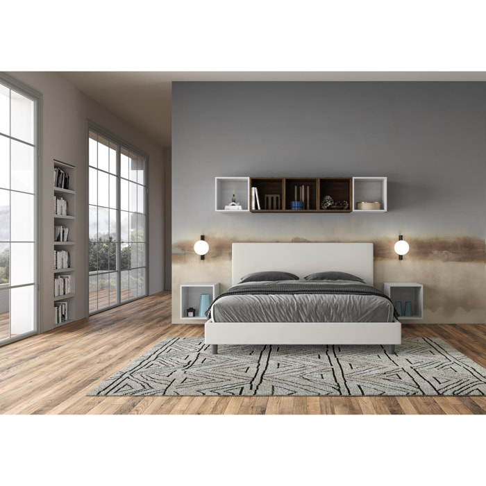 Cama con somier acolchada 160x190 cuero sintético blanco Naspy