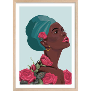 Affiche mode La femme aux roses Affiche + cadre en bois - Chêne