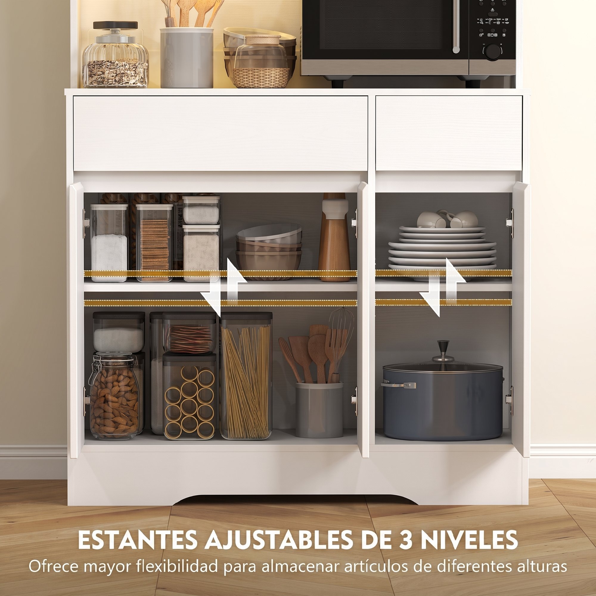 Alacena de Cocina con Luz LED RGB, Mueble de Cocina con Encimera para Microondas, 6 Puertas, 2 Cajones, Estantes Ajustables y Control Remoto, 100x38x180 cm, Blanco
