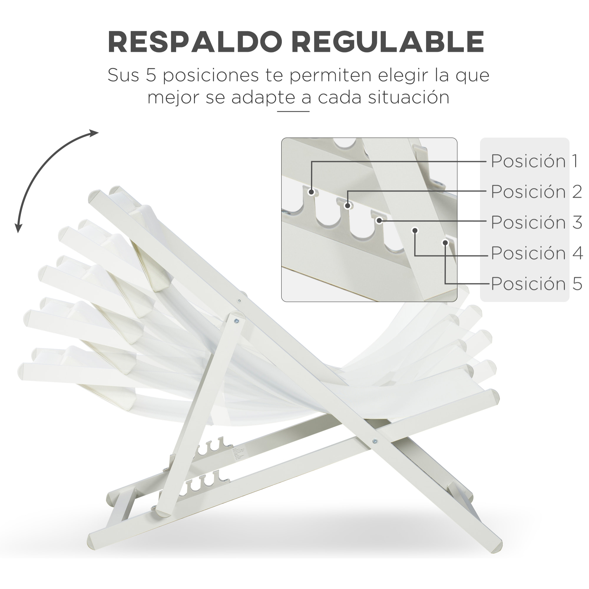 Conjunto de 2 Tumbonas Plegables de Aluminio Tumbonas de Jardín con Respaldo Regulable en 5 Posiciones y Reposacabezas para Terraza Patio Exterior 60x100x85 cm Blanco