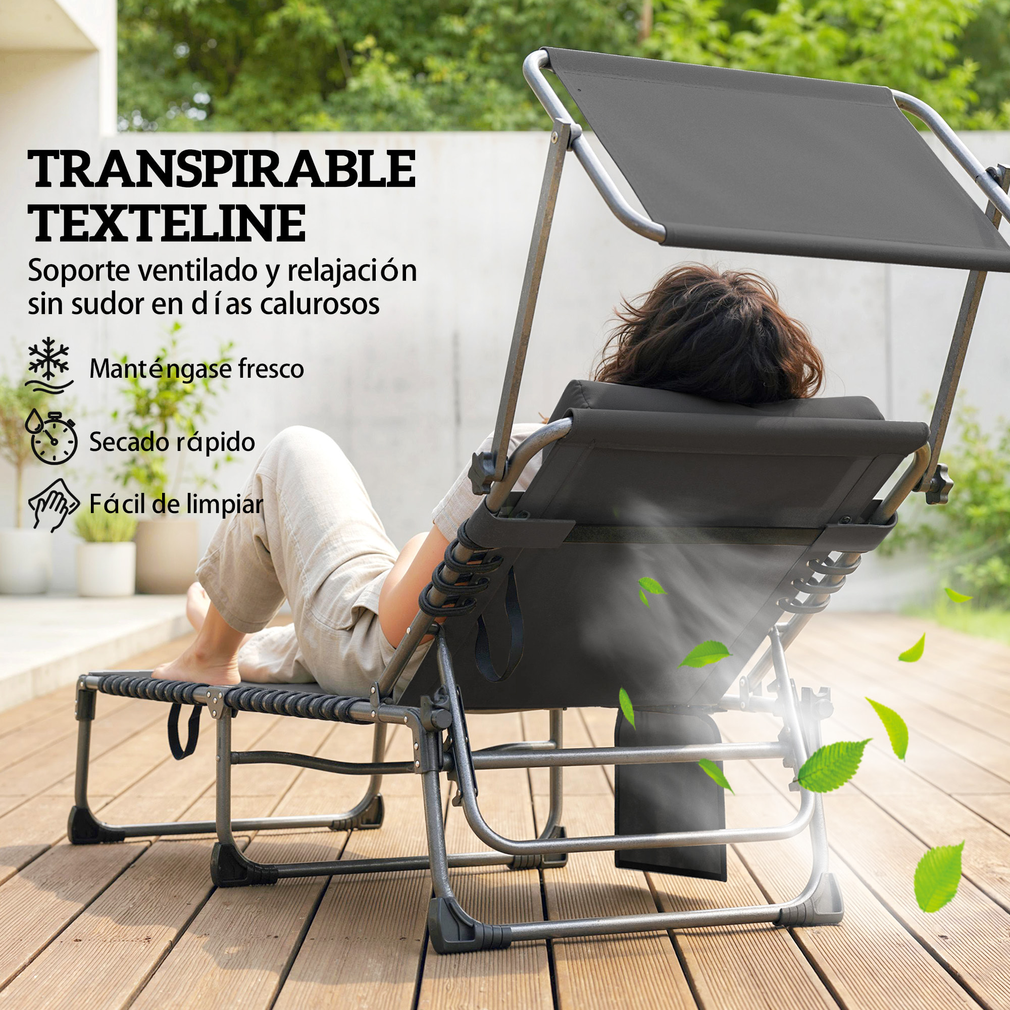 Set de 2 Tumbonas Jardín Exterior, Tumbonas Plegables con Reposacabezas, Parasol y Bolsillo Lateral, Respaldo Reclinable 5 Posiciones y Asiento Malla Transpirable para Playa, Piscina, Negro