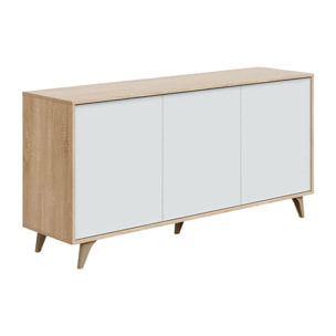 Credenza Arvada, Madia moderna a 3 ante e ripiani, Buffet da cucina, Buffet di design da soggiorno, cm 154x40h75, Rovere e Bianco