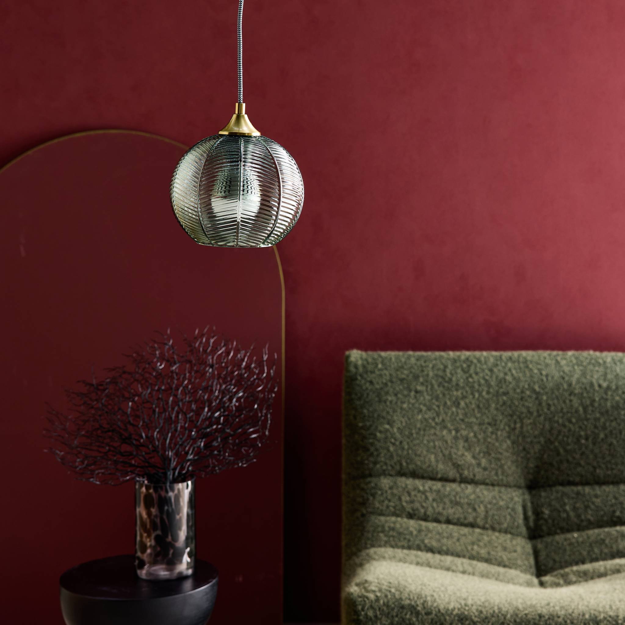 Suspension luminaire métal et verre effet cristal Romane vert Ø 20cm