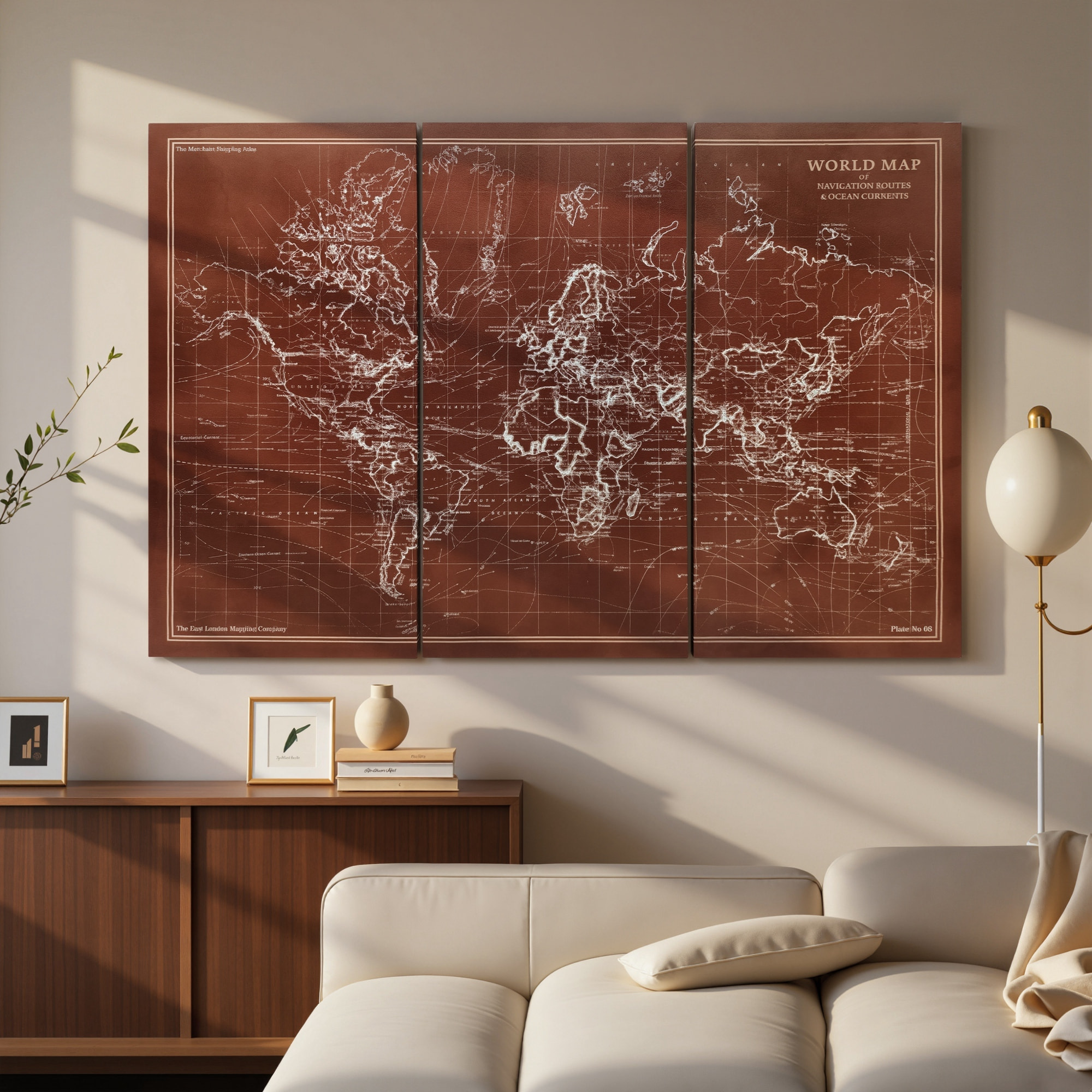 Cuadros en Lienzo Trípticos de Mapamundi Vintage a Mano, 120x60 cm, Cuadros Grandes de Arte de Pared con Marco de Madera, Decoración Elegante para Dormitorio, Salón, Cocina, Marrón