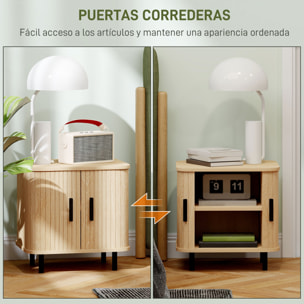 Mesita de Noche Mesilla de Noche Dormitorio con Puertas Correderas 2 Estantes y Patas de Acero Estilo Escandinavo para Salón 48x40x48 cm Roble