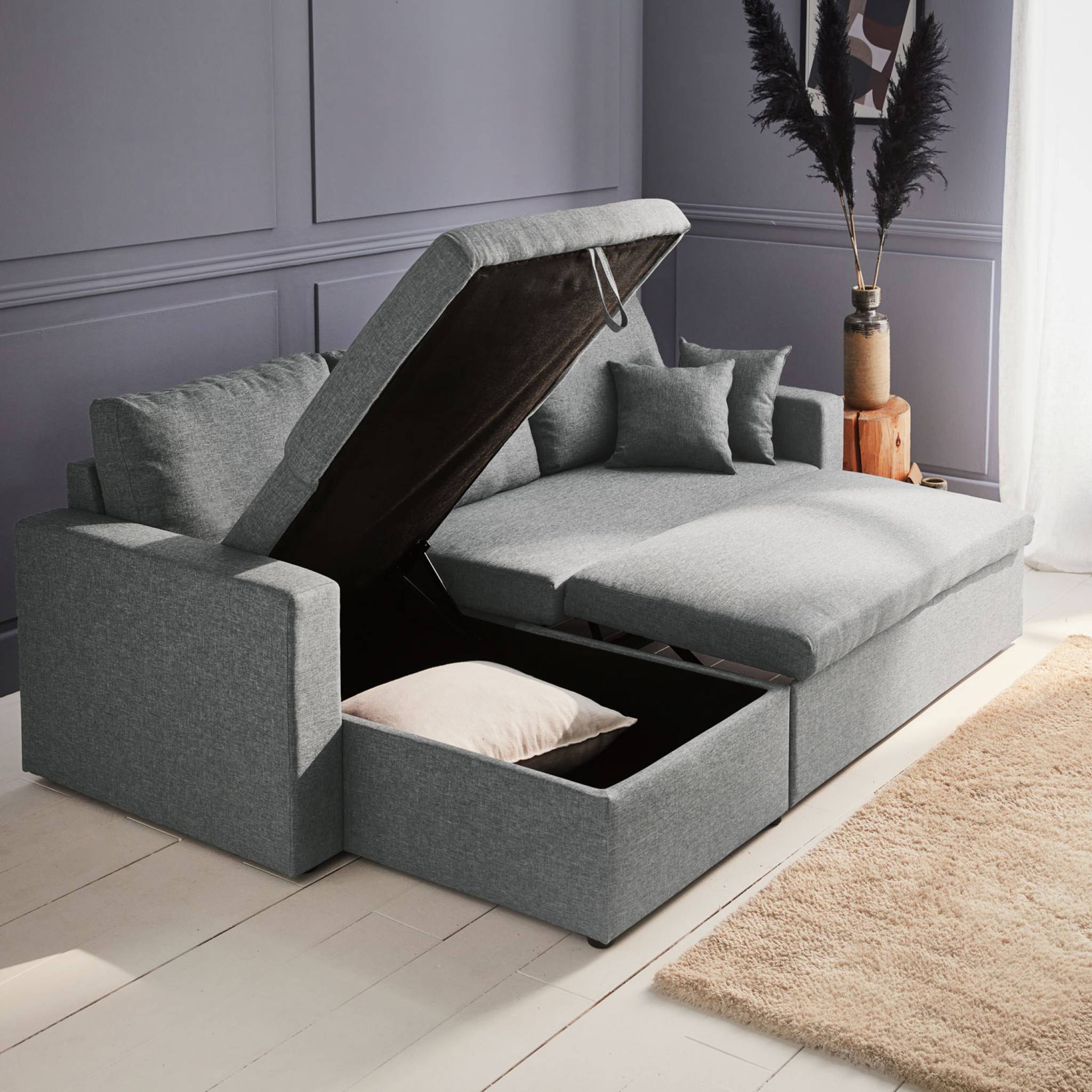 Canapé d'angle convertible en tissu gris clair - IDA - 3 places. fauteuil d'angle réversible coffre rangement lit modulable
