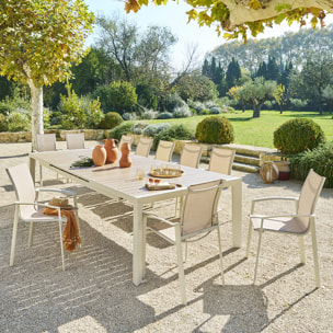 Table de jardin extensible "Évasion" effet bois lin & argile 14 places lates en aluminium