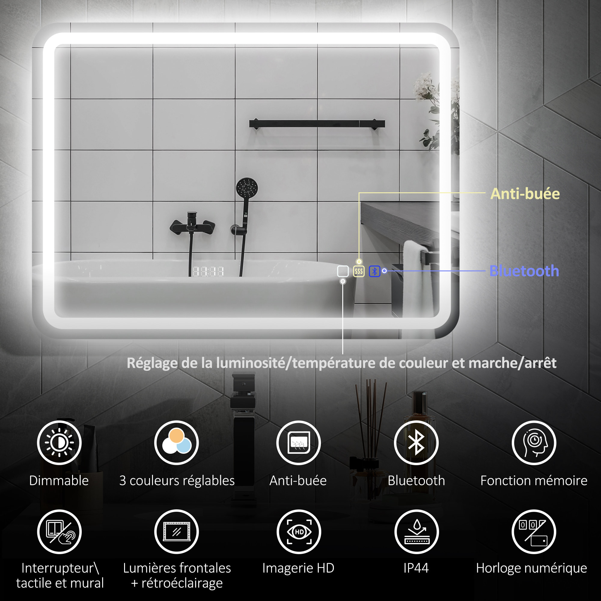 Miroir lumineux LED salle de bain Bluetooth 60x80cm - horloge numérique, antibuée, tactile, réglable - verre trempé 4 mm