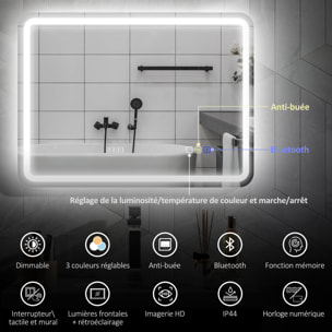 Miroir lumineux LED salle de bain Bluetooth 60x80cm - horloge numérique, antibuée, tactile, réglable - verre trempé 4 mm