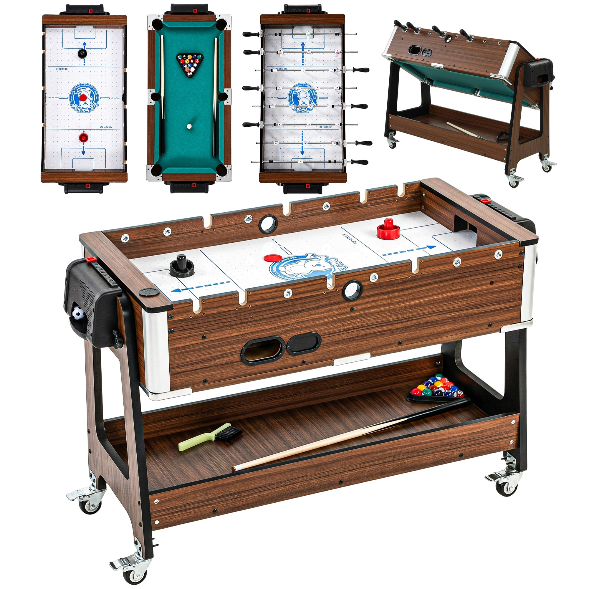 Mesa Multijuegos 3 en 1, Mesa de Juegos con 4 Ruedas con Freno, Estante de Almacenaje, Futbolines para Niños, Air Hockey, Billar y Accesorios, Diversión Familiar para Adultos y Niños, Nogal