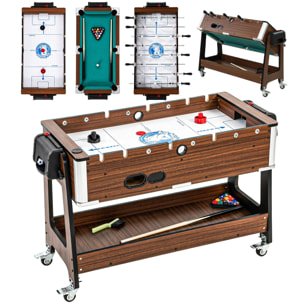 Mesa Multijuegos 3 en 1, Mesa de Juegos con 4 Ruedas con Freno, Estante de Almacenaje, Futbolines para Niños, Air Hockey, Billar y Accesorios, Diversión Familiar para Adultos y Niños, Nogal