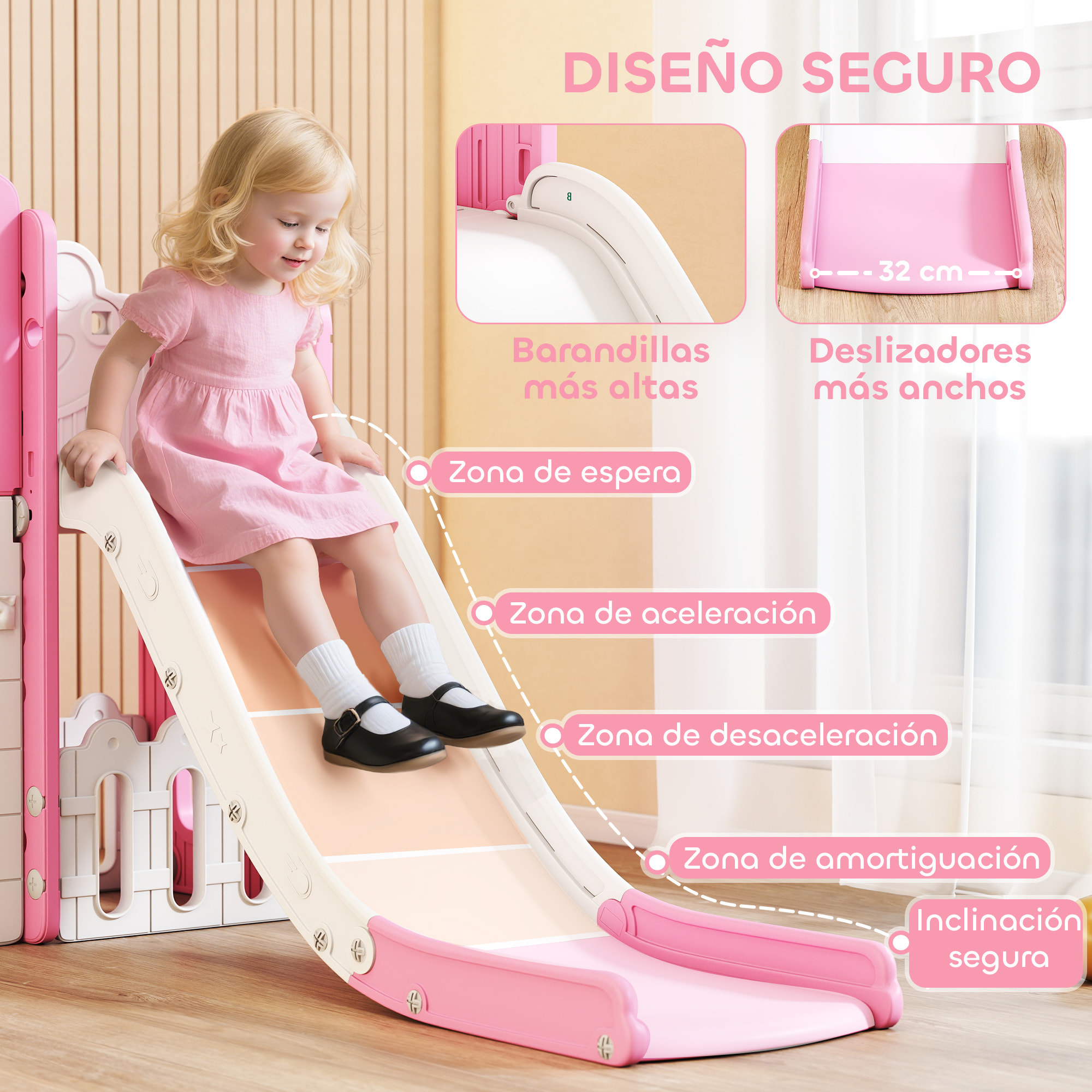 Tobogán Infantil 7 en 1, Tobogán para Niños de 1-3 Años, Temática de Rana, con Aro de Baloncesto, Túnel, Pizarra, Telescopio de Juguete, Escalador y Cajas, para Interior y Exterior, Rosa