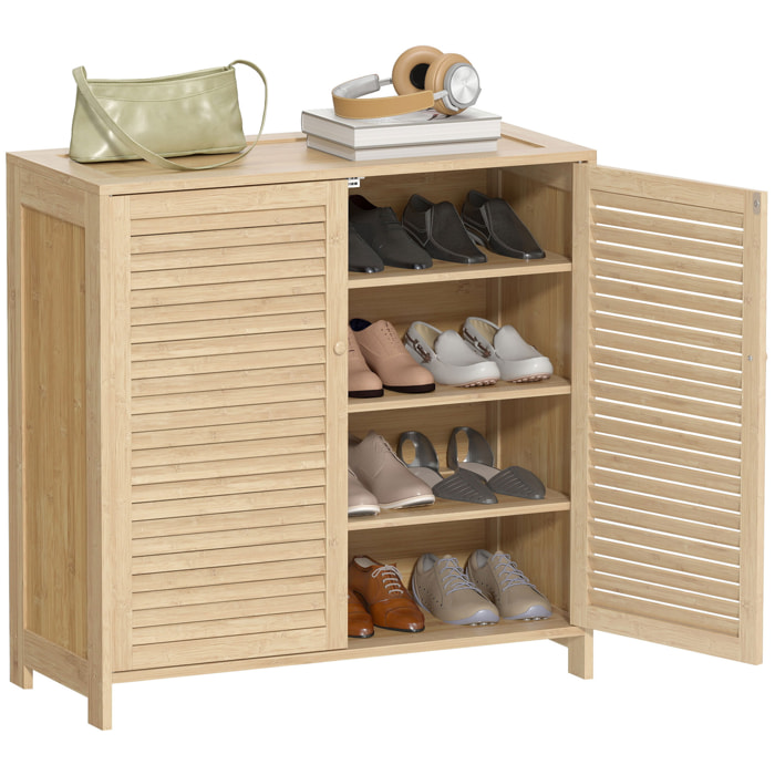 Mueble Zapatero de Bambú, Armario para Zapatos con Puertas de Persiana, Estantes Ajustables, para 14 Pares de Zapatos, Zapatero para Pasillo Recibidor, 80x35x80 cm, Natural