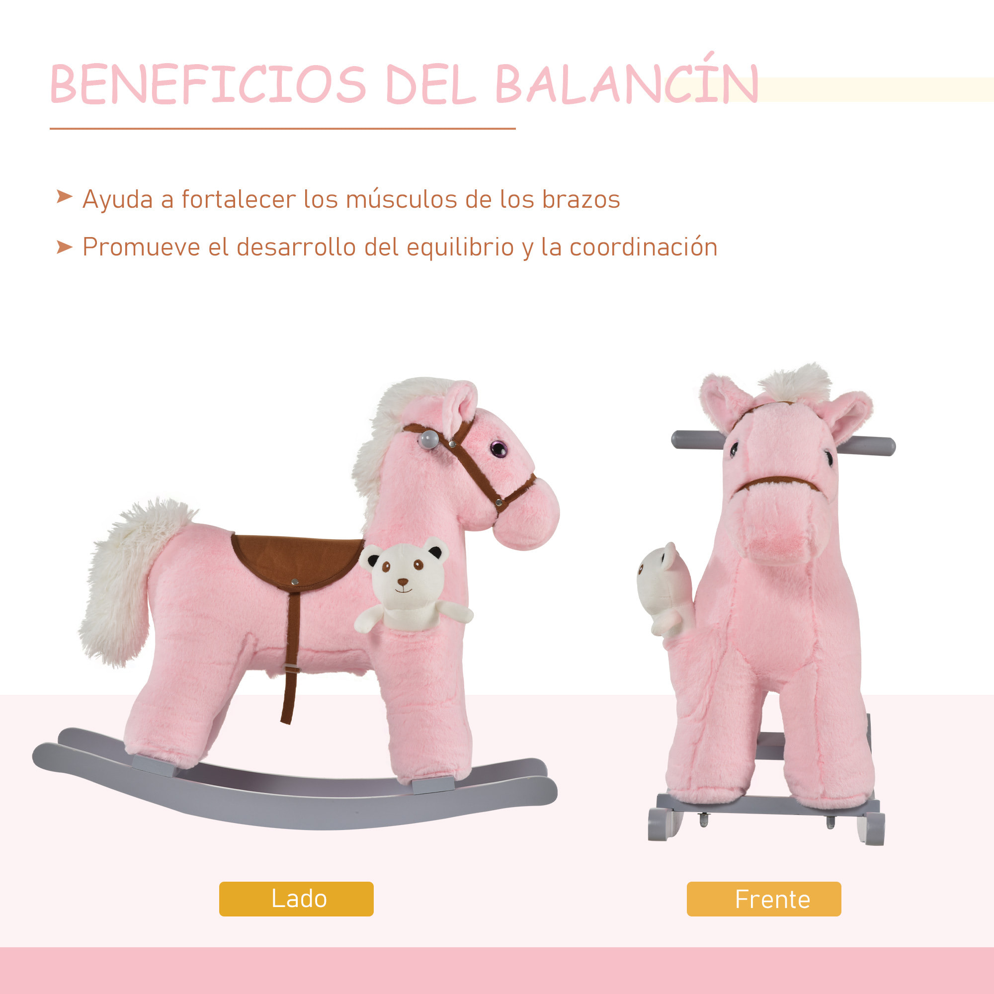 Caballito Balancín con Felpa con Osito de Peluche para Niños 18-36 Meses Caballo Mecedora Sonidos de Relincho y Galope Base de Madera Asiento 35 cm Carga 30 kg 65x26x55 cm Rosa