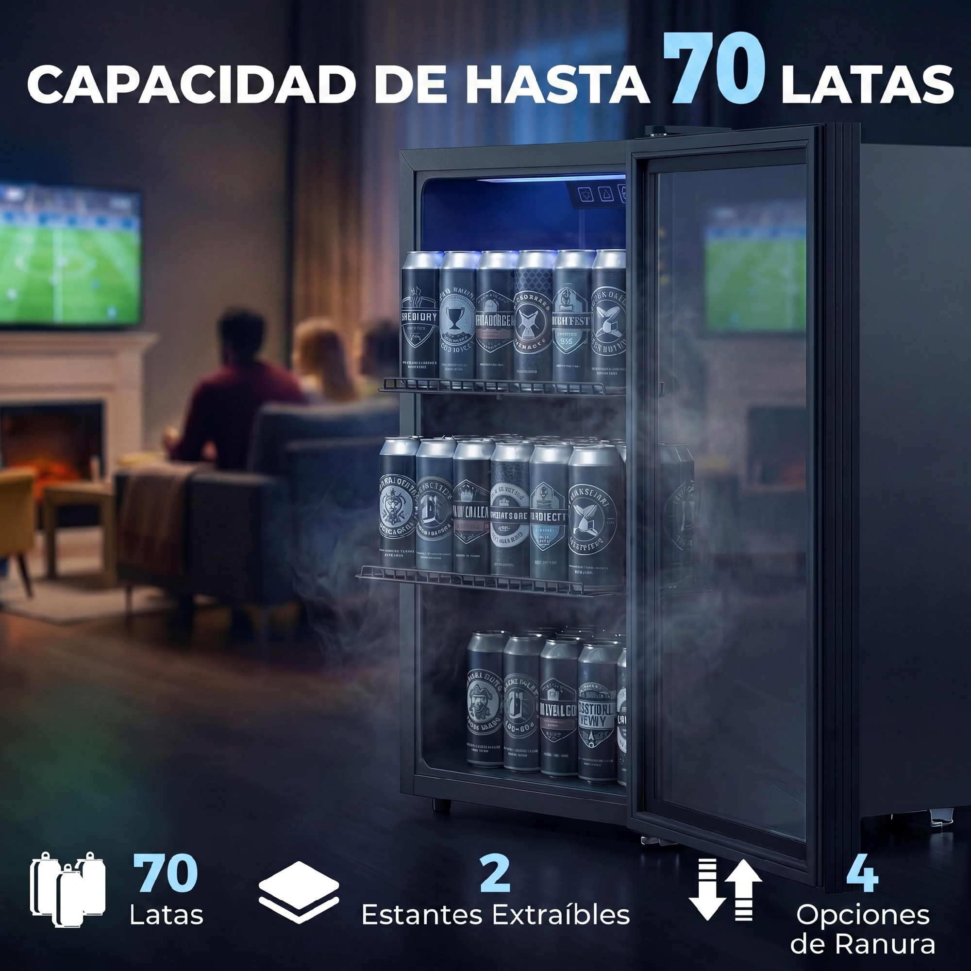 Frigorífico de Bebidas 70 L, Mini Nevera con Puerta de Vidrio Doble, Iluminación LED, 2 Estantes Ajustables, 2-18℃, para 70 Latas, Nevera Pequeña para Refrescos, Cerveza y Vino