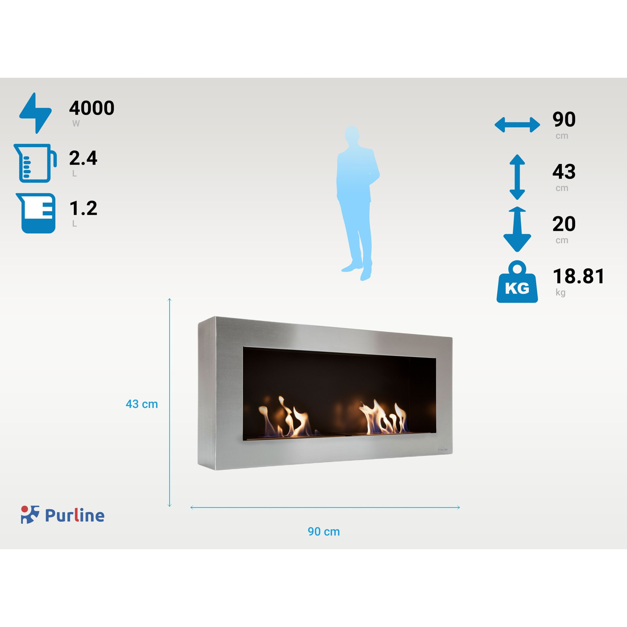 Cheminée murale à l'éthanol à double flamme en acier de grande largeur
