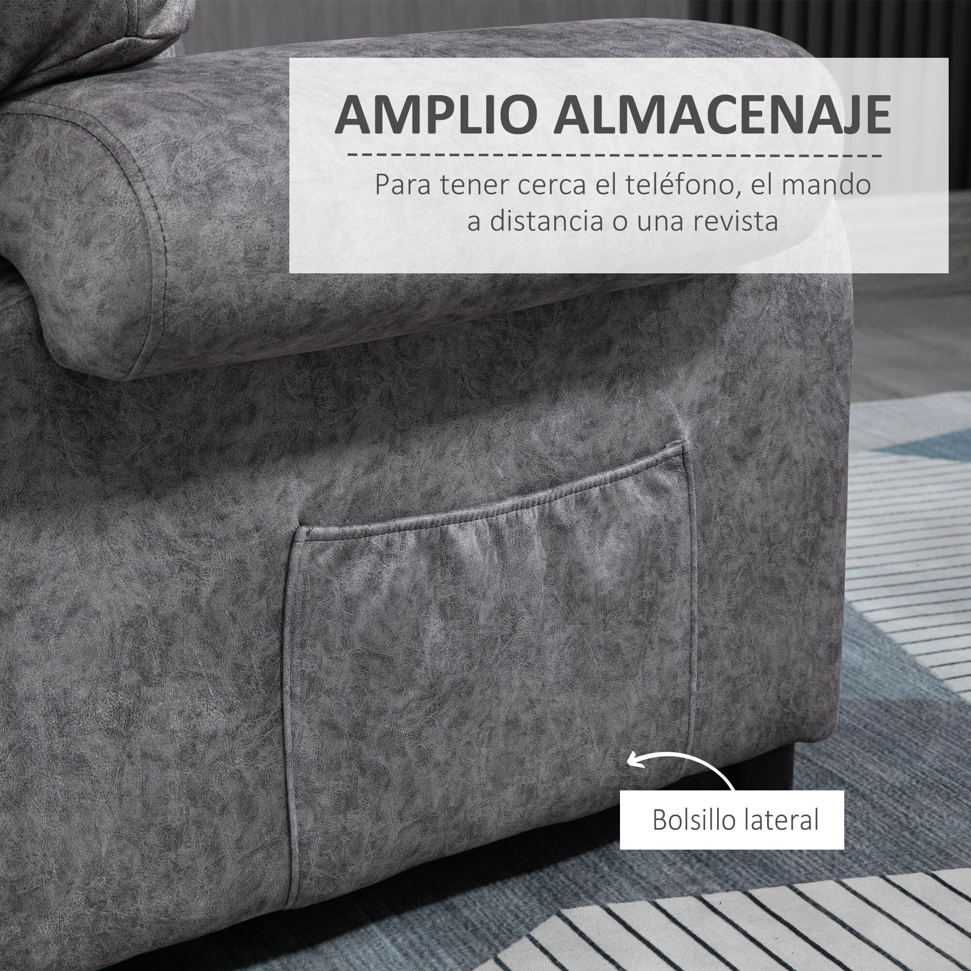 Sillón Relax Reclinable Manual, Sillón Relax de Terciopelo con Reposabrazos, Reposapiés, Acolchado Grueso, Butaca Reclinable hasta 135º para Salón, Dormitorio, Oficina, Gris