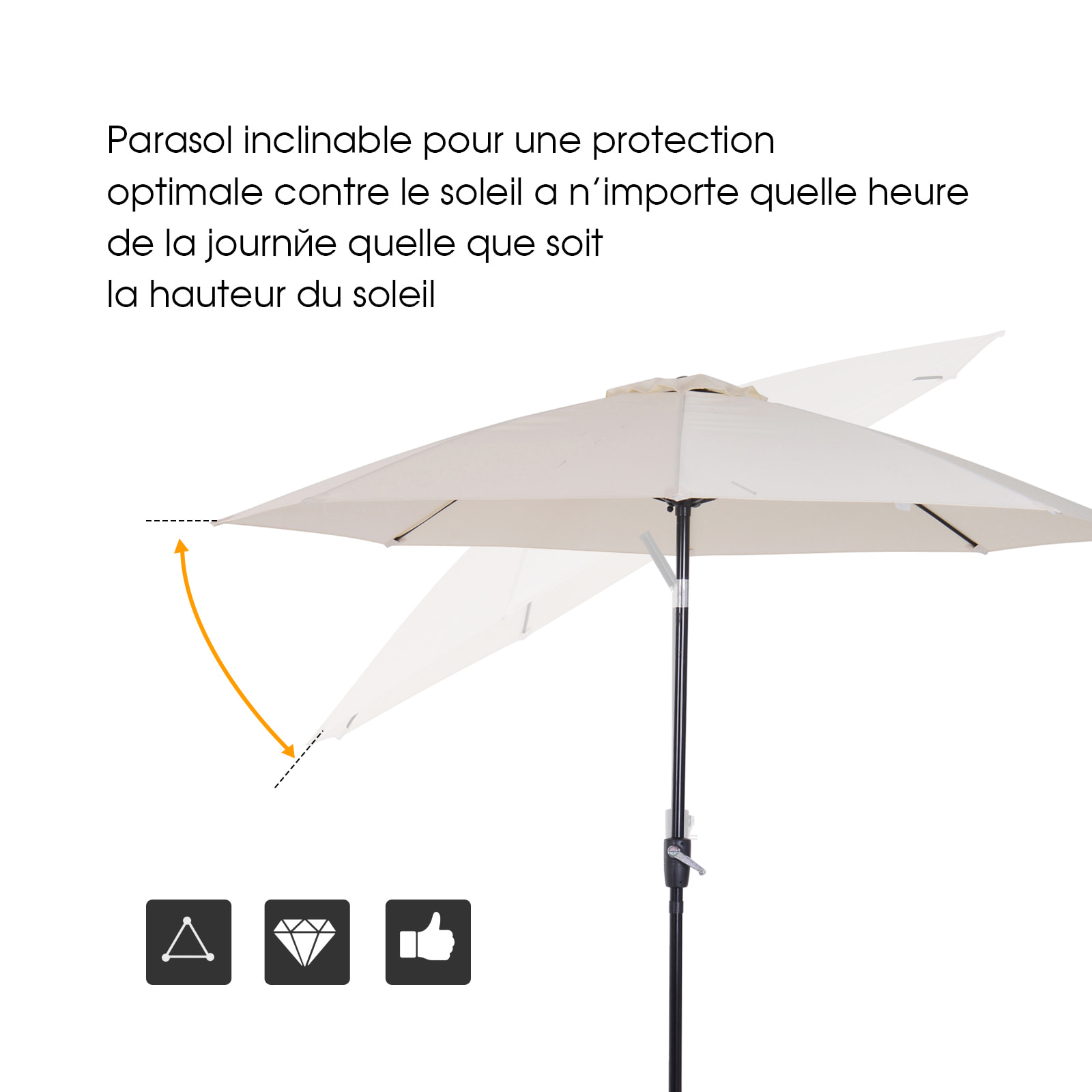 Parasol inclinable aluminium fibre de verre polyester diamètre 2,65 m coloris crème