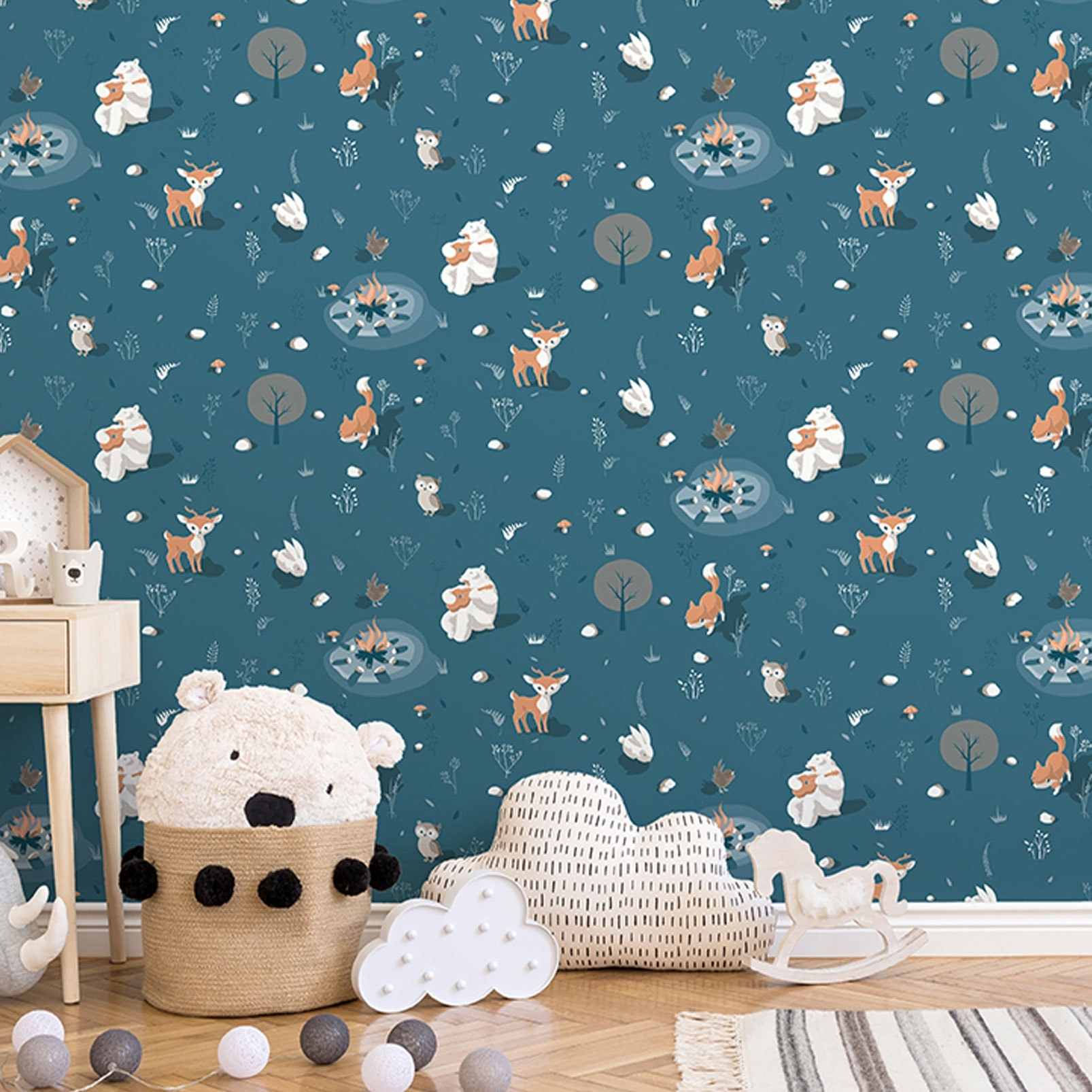 Papier peint enfant animaux forêt fond bleu canard