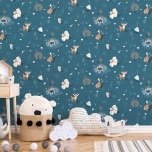 Papier peint enfant animaux forêt fond bleu canard