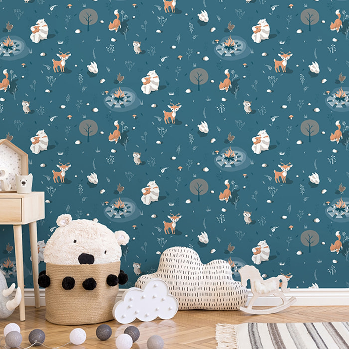 Papier peint enfant animaux forêt fond bleu canard