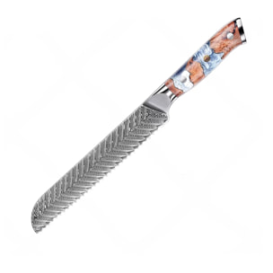 Cuchillo de pan de 7,5 pulgadas estilo Damasco, diseñado para cortes precisos y uniformes.