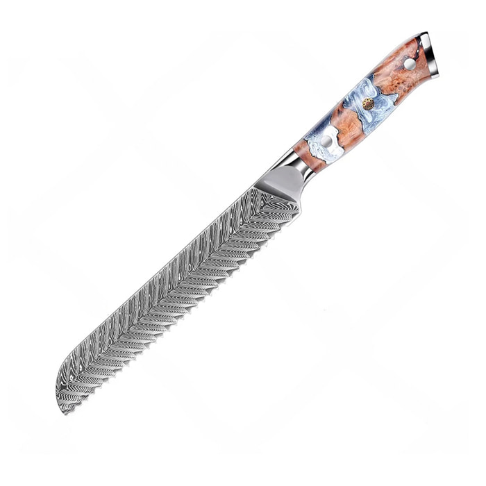 Cuchillo de pan de 7,5 pulgadas estilo Damasco, diseñado para cortes precisos y uniformes.