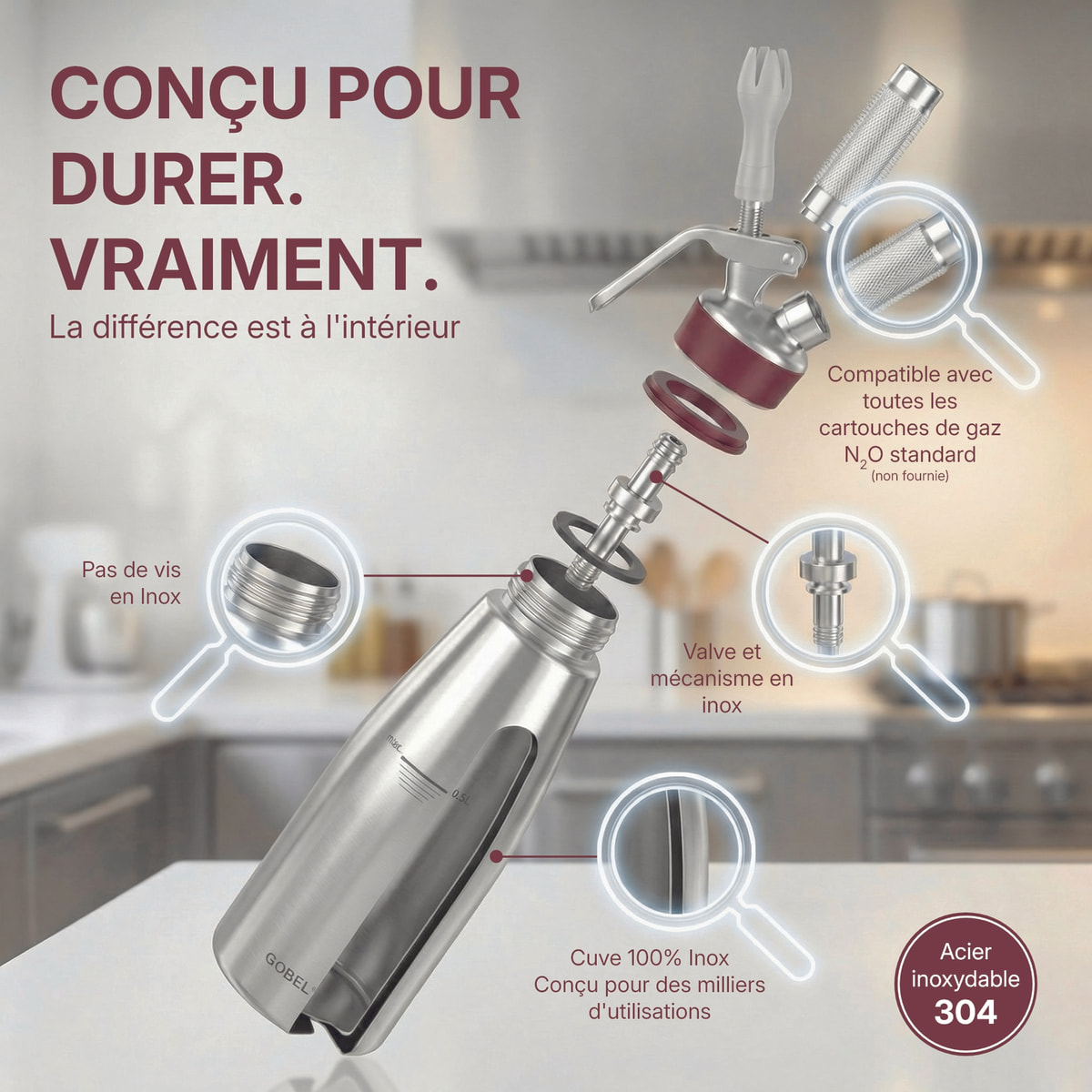 Siphon professionnel inox GOBEL - cuve inox - tête inox - 0.5L