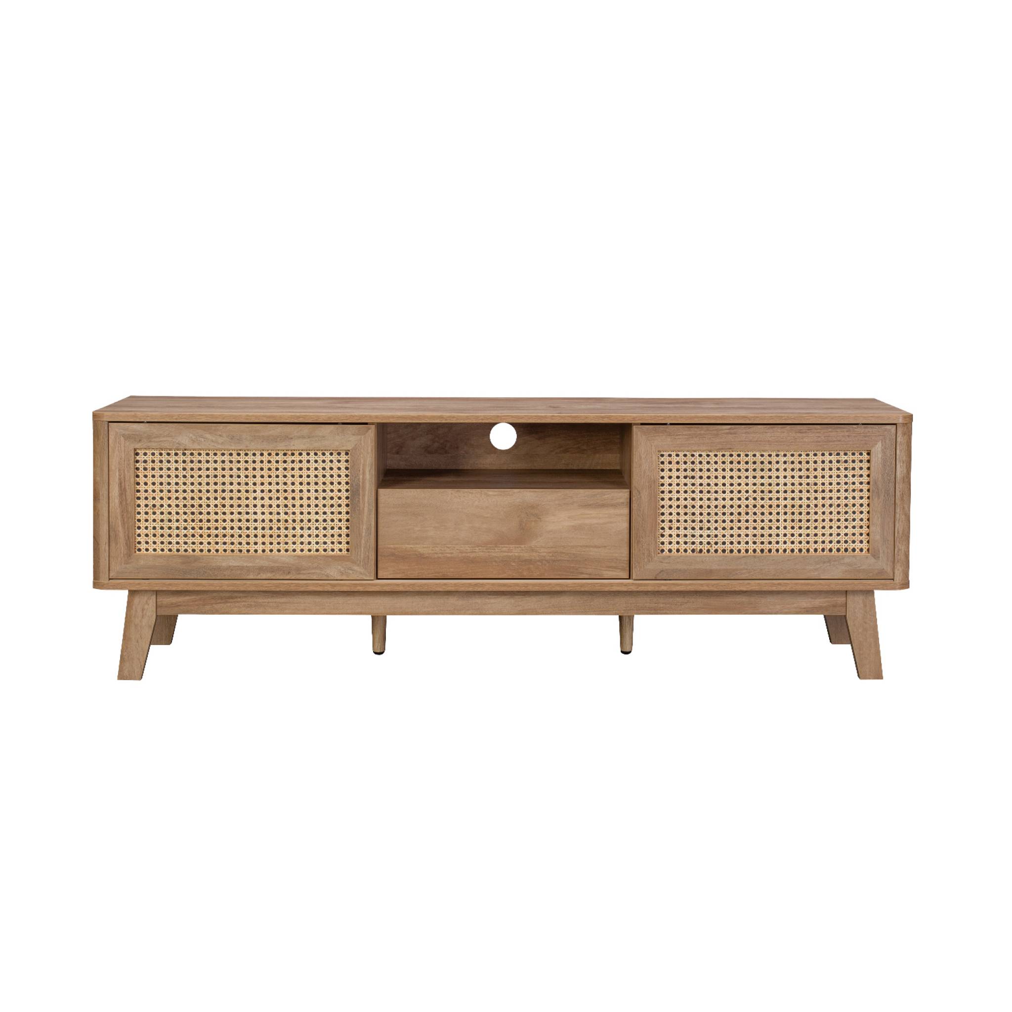 Meuble TV portes coulissantes. casier fermé. étagère effet bois et cannage 150cm
