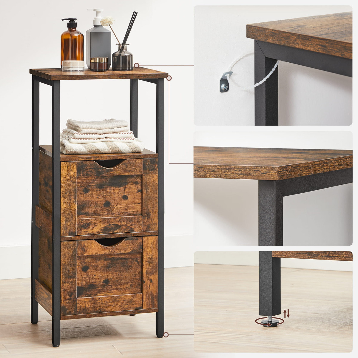 Mobiletto bagno industriale in legno e acciaio con cassetti
