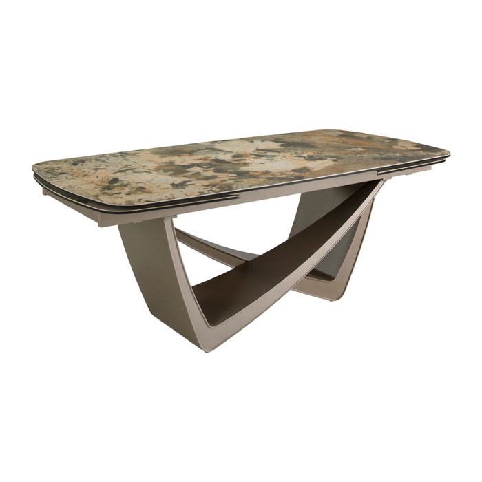 Mesa comedor extensible ovalada barril con tapa de mármol porcelánico en tonalidades tierra y grises en acabado mate 200x100x76cm
