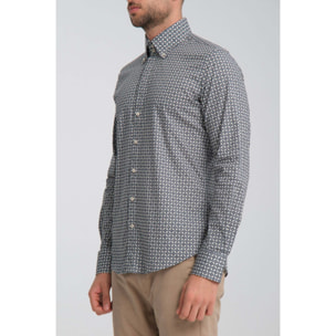 Camicia Uomo 2 Bottoni Button Down Slim Popeline Stretch Stampato Grigio Medio/Blu