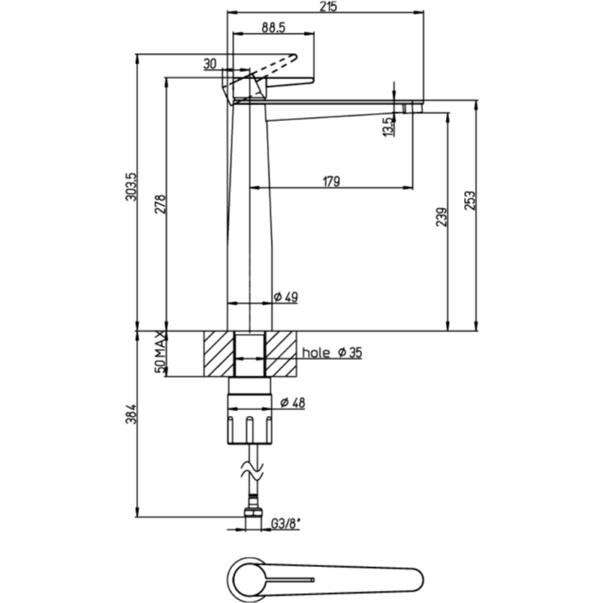 Mitigeur lavabo surélevé Conum avec vidage Push Open Or brossé