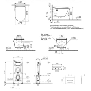 Pack WC lavant suspendu sans bride avec abattant et attentes électriques V-Care Ultra blanc + bâti autoportant V-Fix Easy + plaque blanche