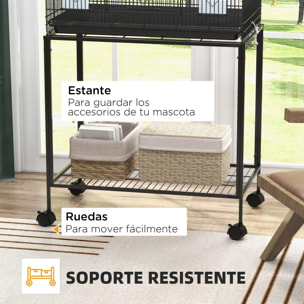 Jaula para Pájaros con Ruedas 77x46x119 cm Jaula Metálica para Aves con Bandeja Extraíble 2 Perchas 2 Comederos y Estante de Almacenamiento para Periquitos Canarios Negro