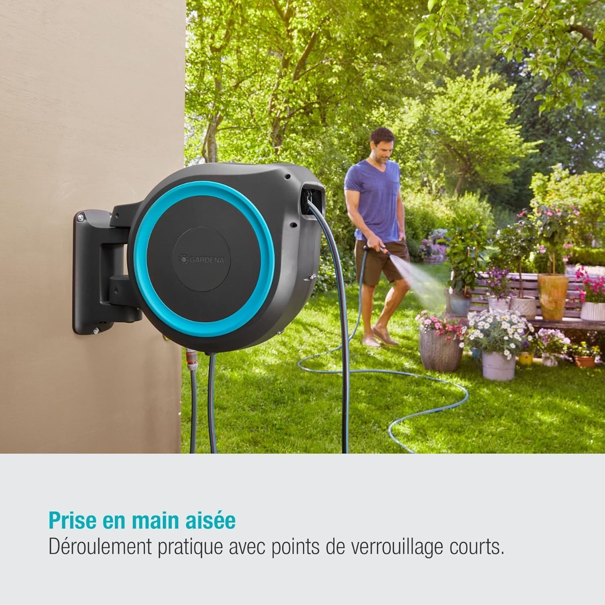 Dévidoir automatique mural RollUp M/L 25m - Liseré bleu - GARDENA - 18620-20