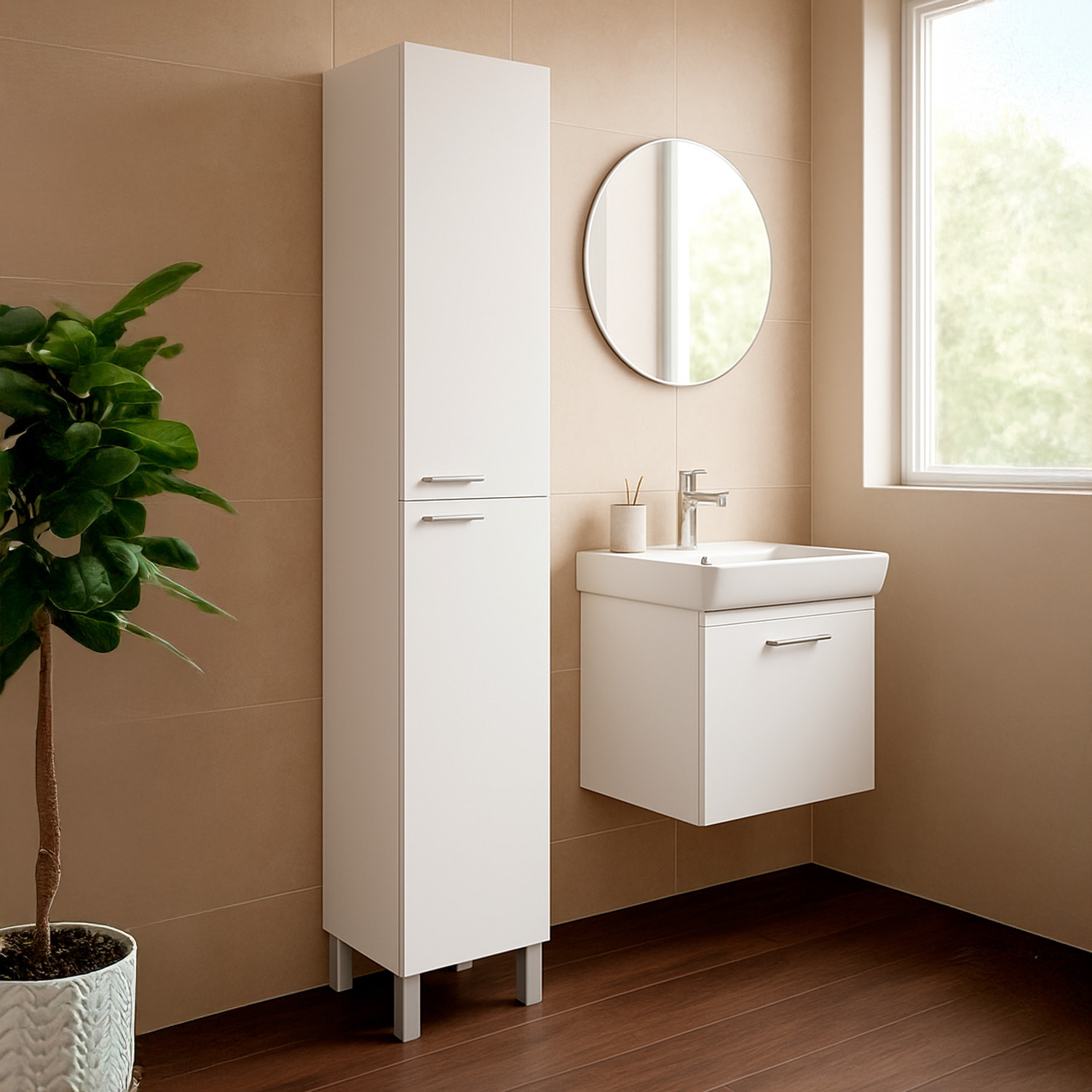 Colonna Armadio Da Bagno Con Doppia Anta E 4 Ripiani Mobile Alto Salvaspazio In Melaminico Chiusura Ammortizzata 30 x 25 x 182 Cm Bianco Lucido