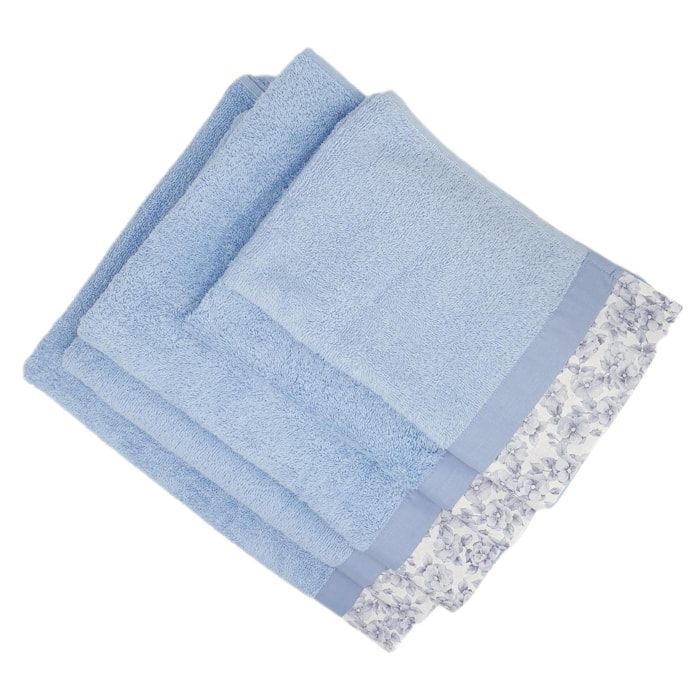 Set Spugna PRIMULA 5 Pezzi: 2 Viso+2 Ospite + 1 Telo Bagno - 450 gr/m² - Azzurro - Puro Cotone