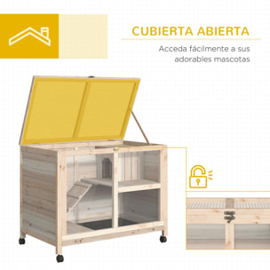 Conejera de Madera con Ruedas 91,5x53,3x73 cm Jaula para Conejos de 2 Niveles con Techo Abatible Bandeja Extraíble y Rampa Natural