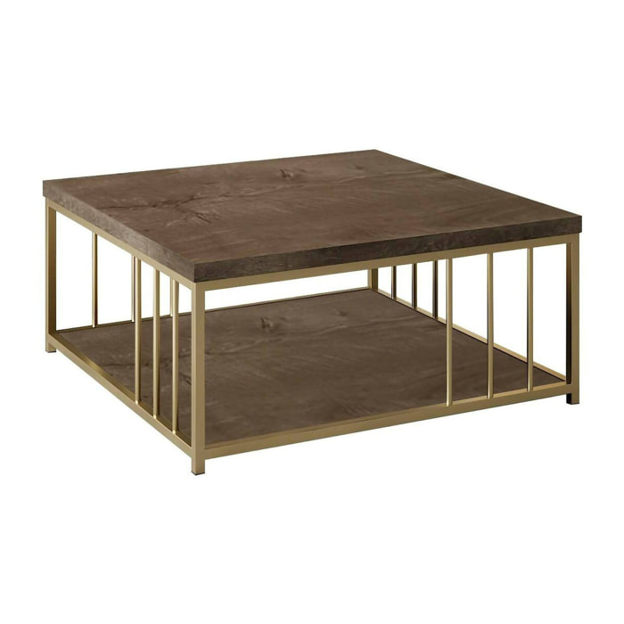 Tavolino da salotto Raiden, Tavolo basso da caffè, Portariviste per divano, Ripiano da soggiorno, 90x90h40 cm, Noce e Oro