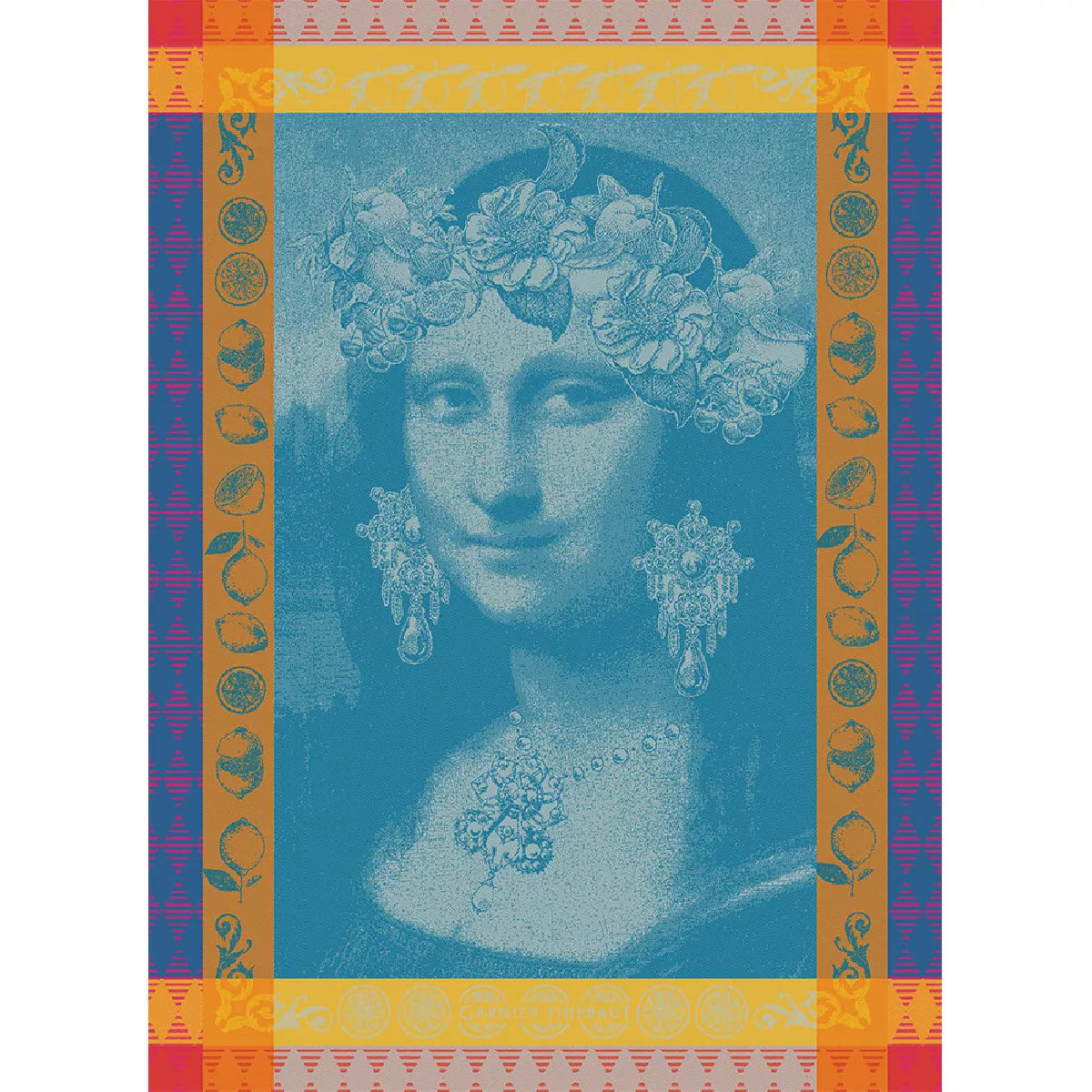 Torchon pur coton motif jacquard bleu Mona lisa bleu
