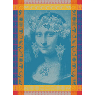 Torchon pur coton motif jacquard bleu Mona lisa bleu