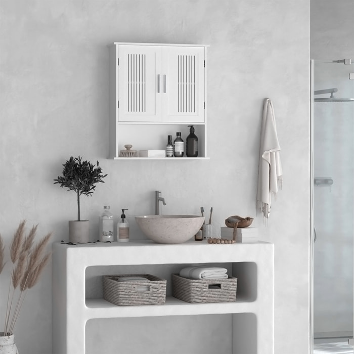 Armario de Pared para Baño Multiusos Mueble de Baño Suspendido Armario Colgante de Almacenamiento con 2 Puertas de Listones Estante Ajustable y Compartimento 60x20x70 cm Blanco