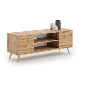 Mobile porta tv con 2 ante e 1 ripiano centrale, Credenza con piedini, Buffet da soggiorno in stile scandi, cm 155x40h50, colore Acero